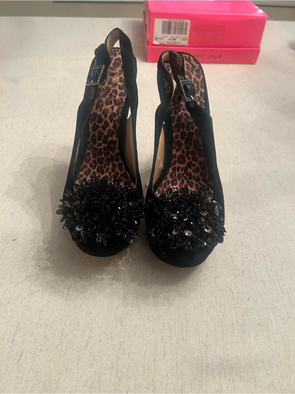 Betsey Johnson Black Sequin Floral Peep-Toe Slingback Platforms